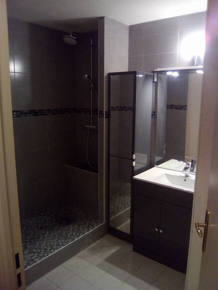 Salle de bains avec douche carrelée grise, meuble lavabo et miroir.