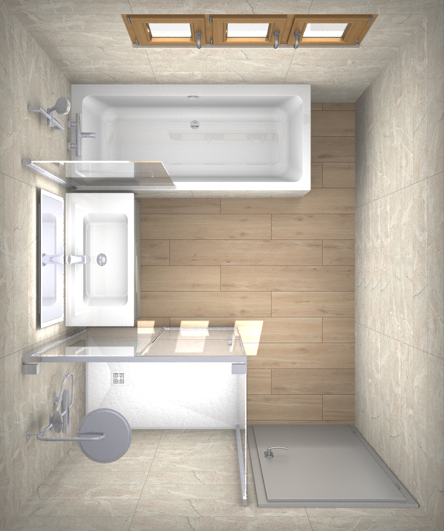 Vue aérienne d'une salle de bains moderne avec baignoire, lavabo, douche et fenêtre. Tons beiges et bois clair.