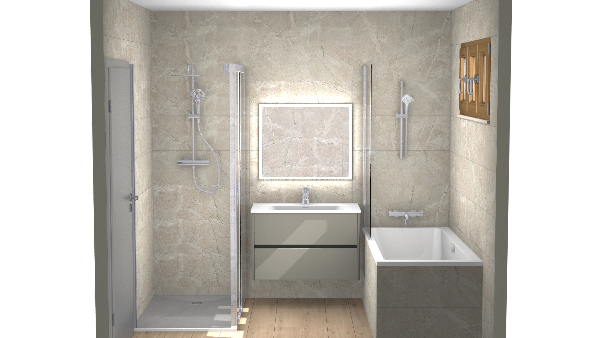 Salle de bains avec douche, meuble lavabo et baignoire, avec carrelage beige clair et équipements modernes.