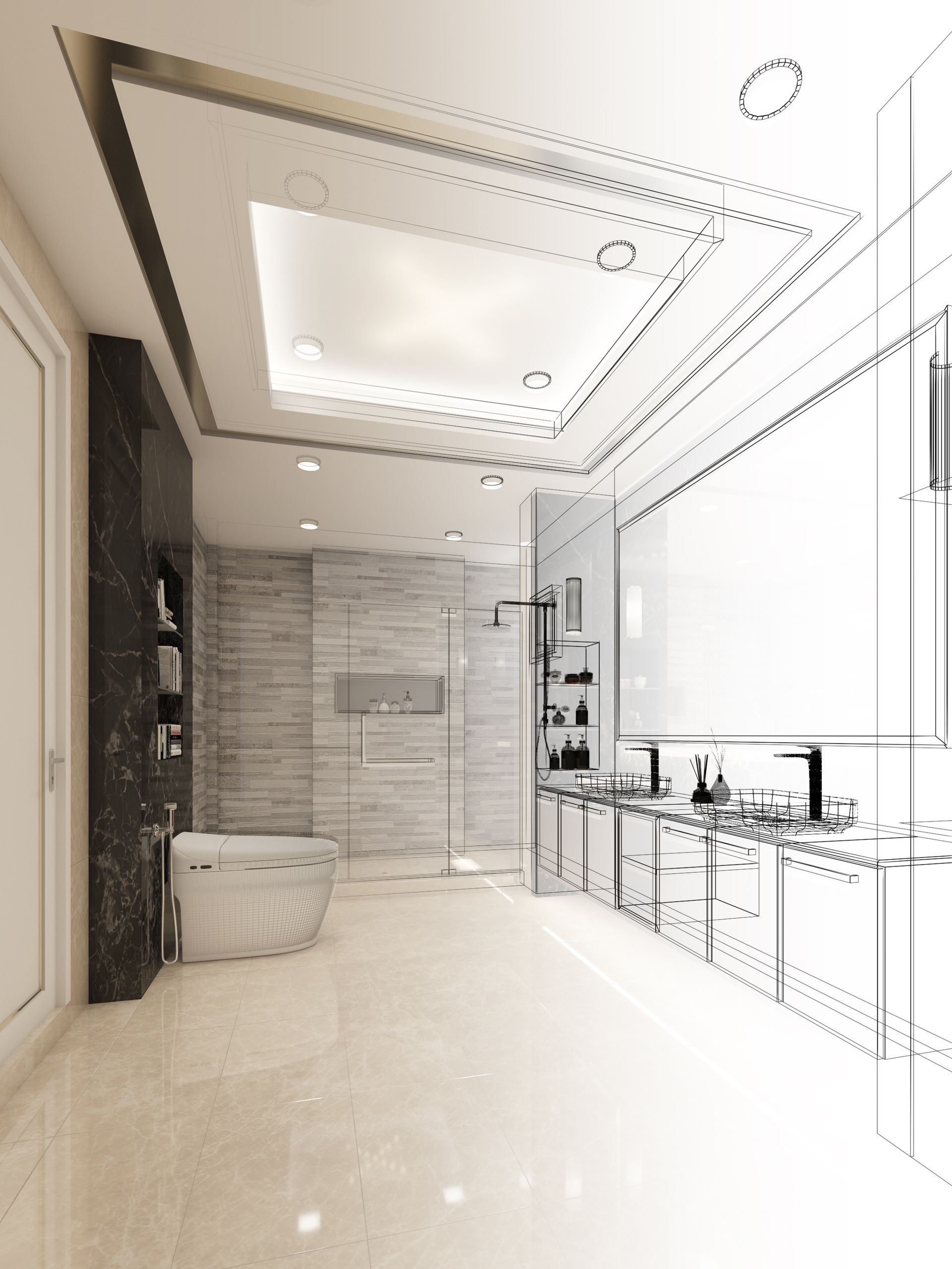 Salle de bains avec baignoire, douche et meuble lavabo sur un croquis d'architecte.