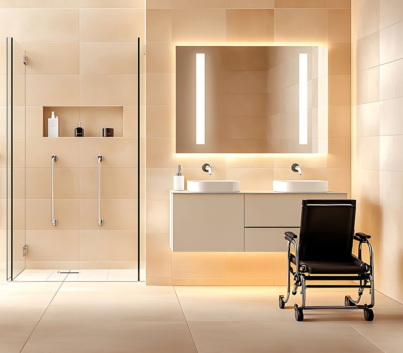 Salle de bains accessible avec douche, lavabo et emplacement pour fauteuil roulant ; tons beiges et éclairage LED.