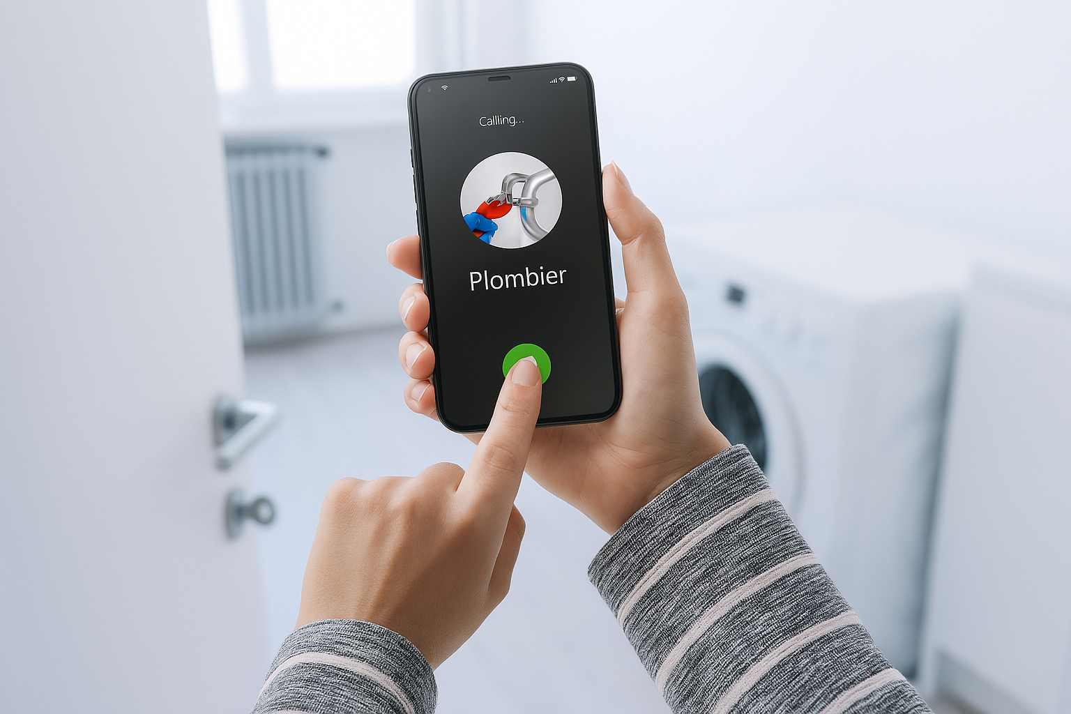 Smartphone avec icône d'appel pour joindre le plombier