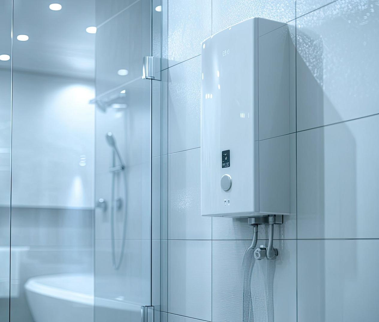 Chauffe-eau électrique blanc fixé sur un mur carrelé blanc de la salle de bains.