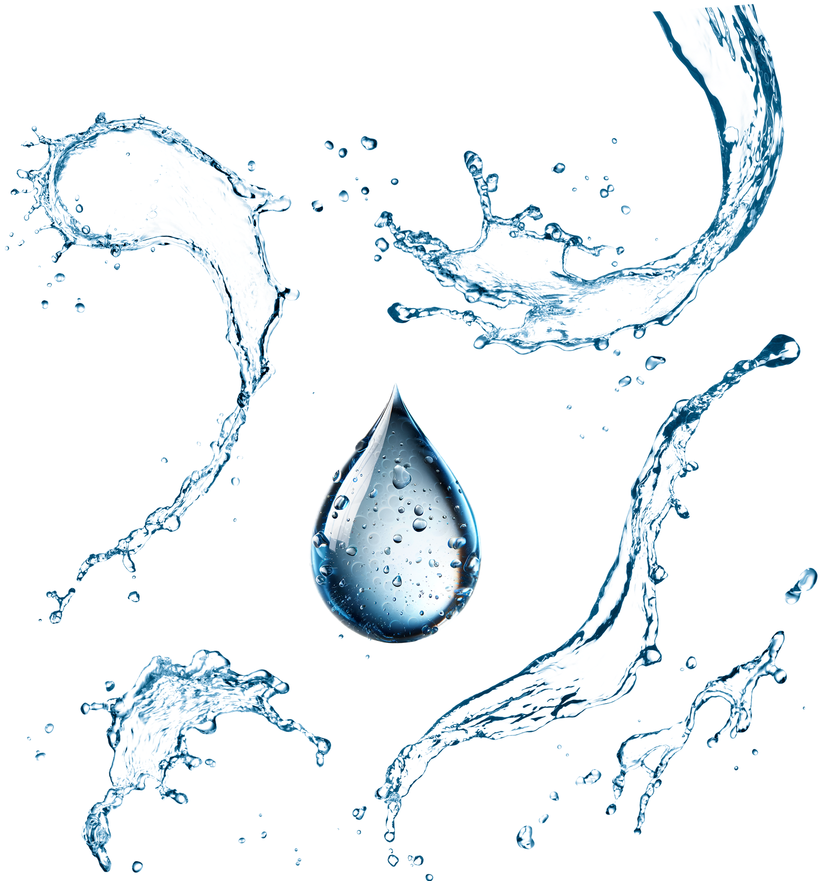 Goutte d'eau entourée d'éclaboussures sur fond blanc.