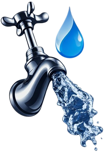 Robinet chromé crachant de l'eau, avec une goutte d'eau bleue à côté.