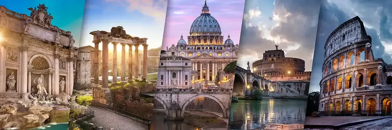 Un collage de lugares emblemáticos de Roma, como la Fontana di Trevi, el Foro Romano, la Basílica de San Pedro y el Coliseo.