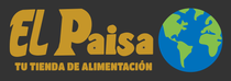 Logotipo para "El Paisa", una tienda de alimentos, con texto en dorado sobre un fondo gris oscuro y  un globo terr&aacute;queo.
