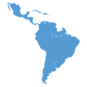 Mapa azul de América Latina, incluyendo América Central y del Sur y las islas del Caribe.