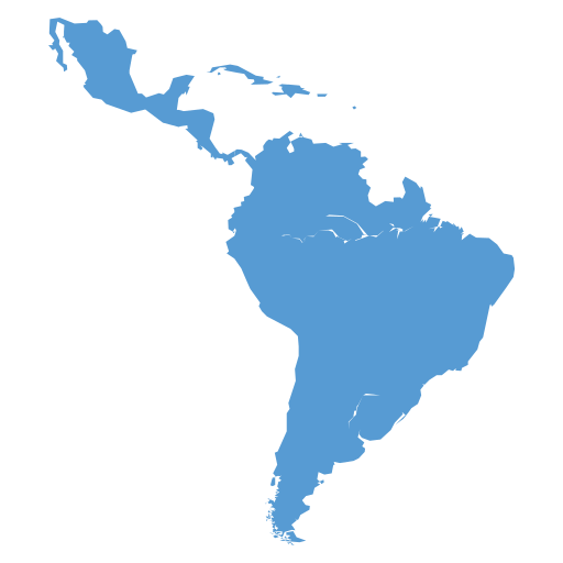 Mapa azul de América Latina, incluyendo América Central y del Sur y las islas del Caribe.