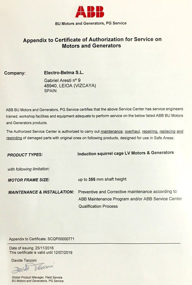 Certificado de autorización de servicio de ABB para Electra-Boltex SL, con fecha de 2024 y válido hasta 2026.