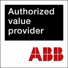 Un logotipo de Proveedor de Valor Autorizado de ABB con texto blanco sobre fondo negro, encima del logotipo rojo de la empresa ABB.