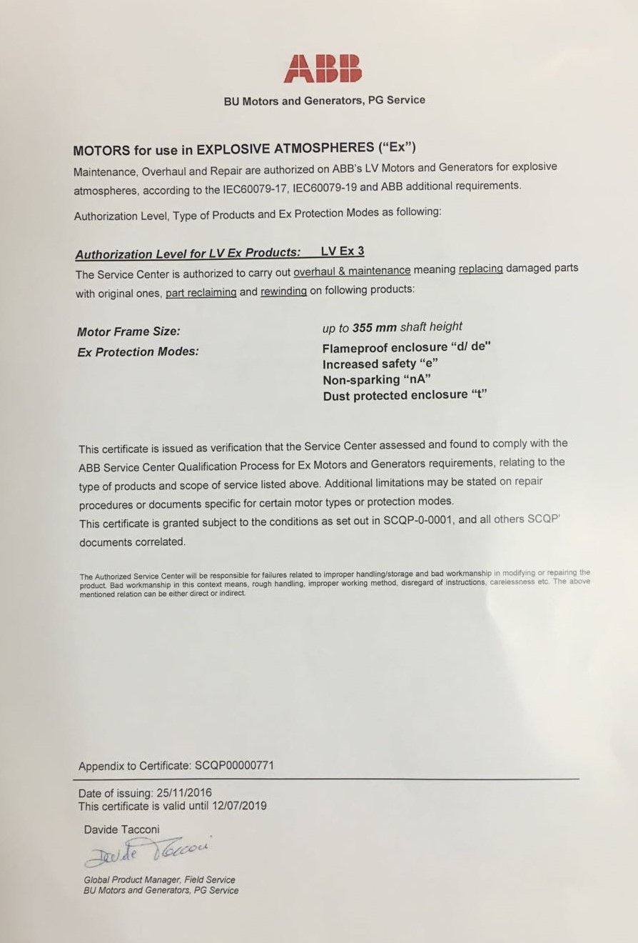 Documento oficial de certificación de ABB con logotipos, texto que detalla las normas técnicas del producto y una firma en la parte inferior.