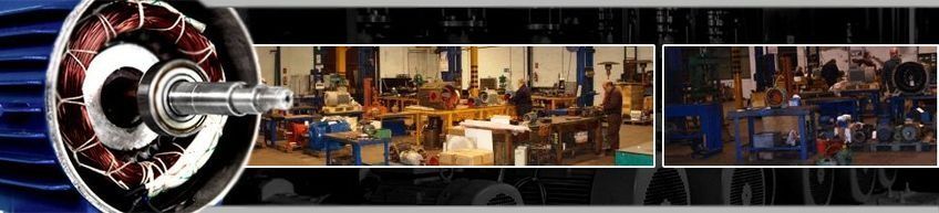 Un montaje que muestra el interior de un motor eléctrico junto a fotos de trabajadores en un taller mecánico.