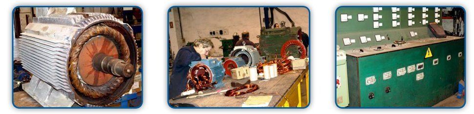 Tres imágenes contiguas que muestran la reparación de equipos industriales: un motor grande, un trabajador en un banco de trabajo y un panel de control.