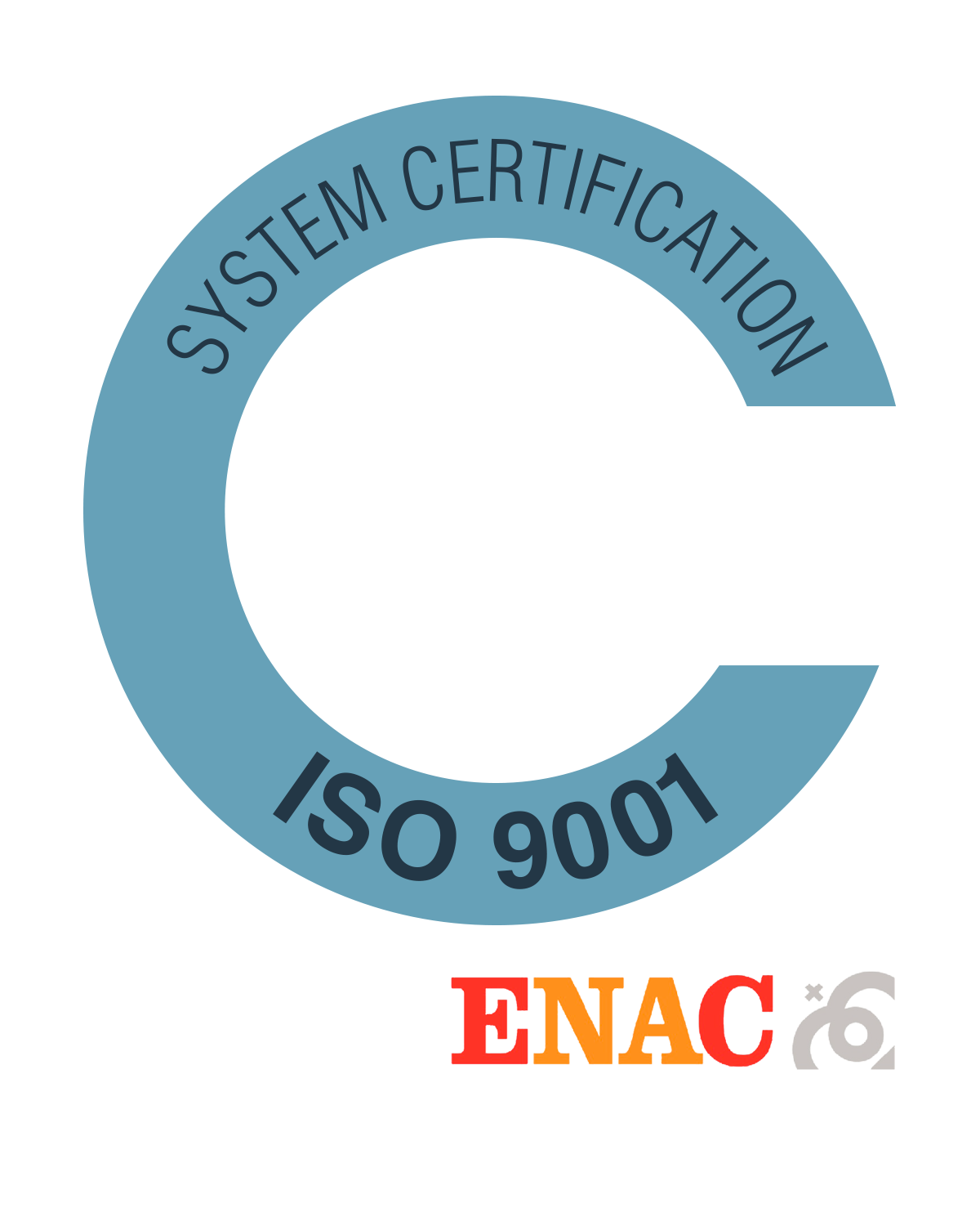Logotipo de certificación del sistema ISO 9001 con texto y la marca de acreditación ENAC sobre fondo blanco.