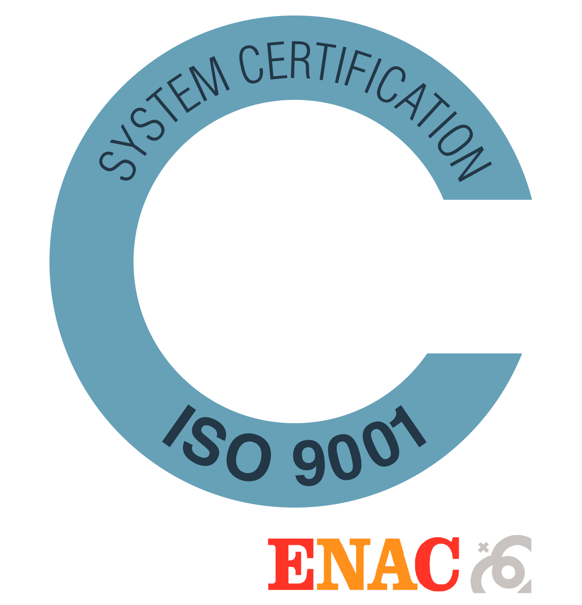 Logotipo de la certificación del sistema ISO 9001 en un círculo azul con el logotipo de ENAC debajo.