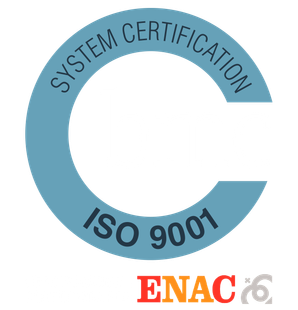 Logotipo de la certificación del sistema ISO 9001 en un círculo azul con el logotipo de ENAC debajo.