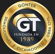 Golden emblem with "Gonter," "GT" logo, and text: "Demoliciones, Excavaciones, Obra Civil, Fundada en 1989."