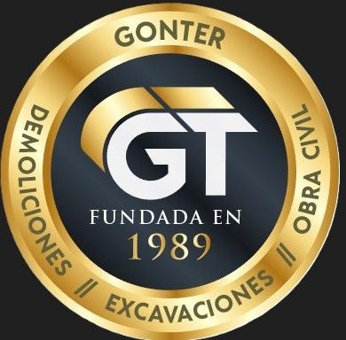 Golden emblem with "Gonter," "GT" logo, and text: "Demoliciones, Excavaciones, Obra Civil, Fundada en 1989."
