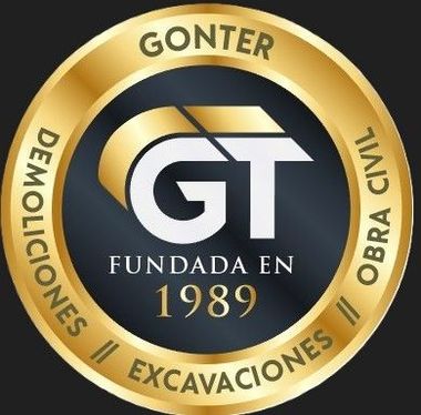 Golden emblem with "Gonter," "GT" logo, and text: "Demoliciones, Excavaciones, Obra Civil, Fundada en 1989."