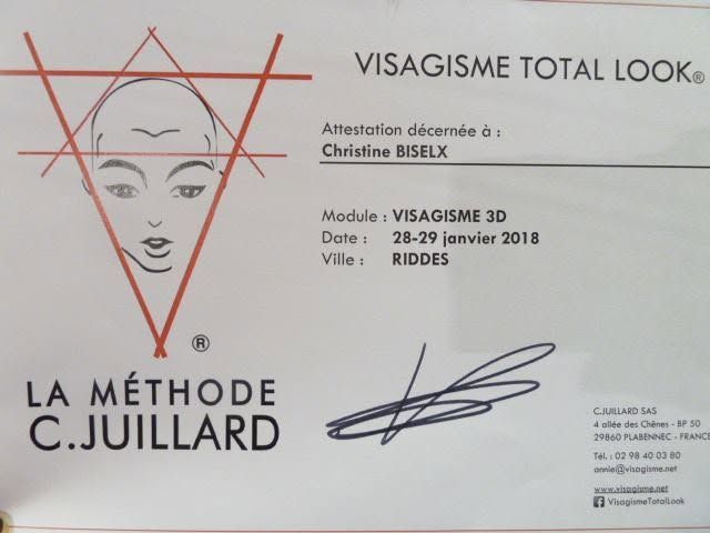 Certificat pour « Visagisme Total Look » par La Méthode Cuillard, avec logo et signature stylisés.