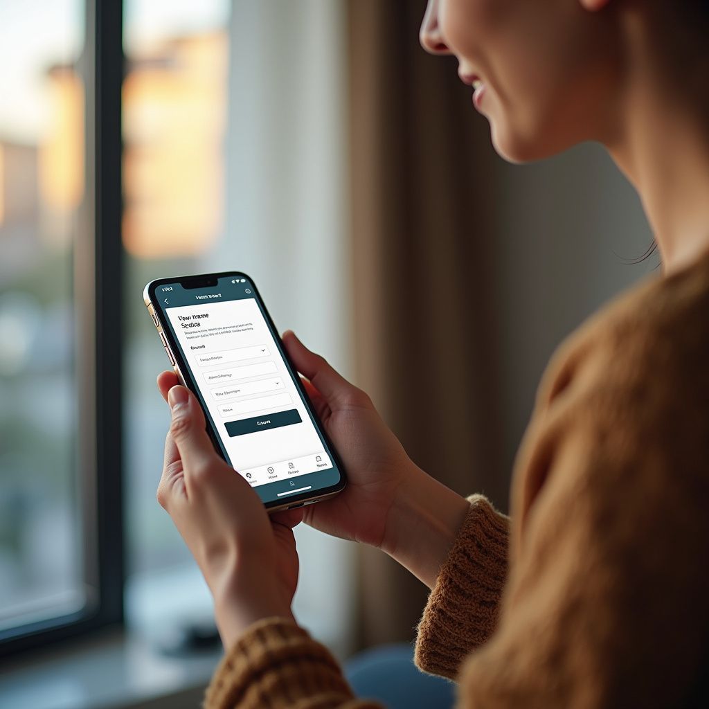 Wohnzimmer mit beigem Sofa, rundem Teppich und Fenster mit lichtfilternden Jalousien.