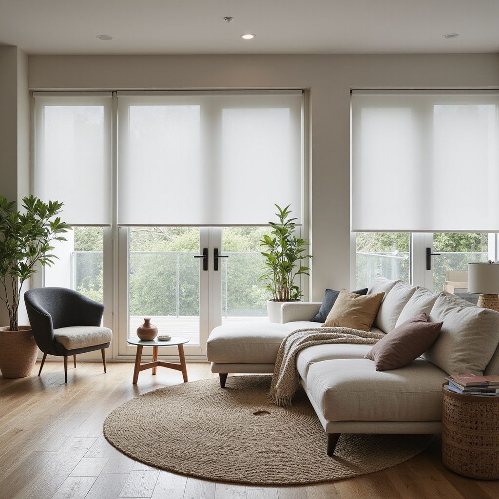 Wohnzimmer mit beigem Sofa, rundem Teppich und Fenster mit lichtfilternden Jalousien.