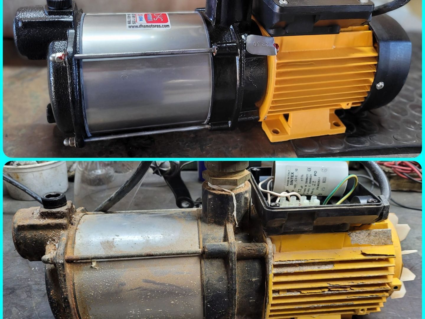 Una imagen de una bomba de agua antes y después de ser reparada.