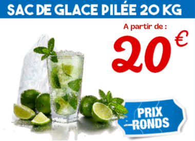 Sac de glace pilée, verre de mojito avec des quartiers de citrons à côté, prix de 20€ et étiquette 