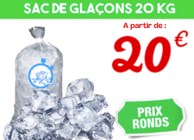 Sac de glaçons de 20kg au prix de 20 euros et étiquette 