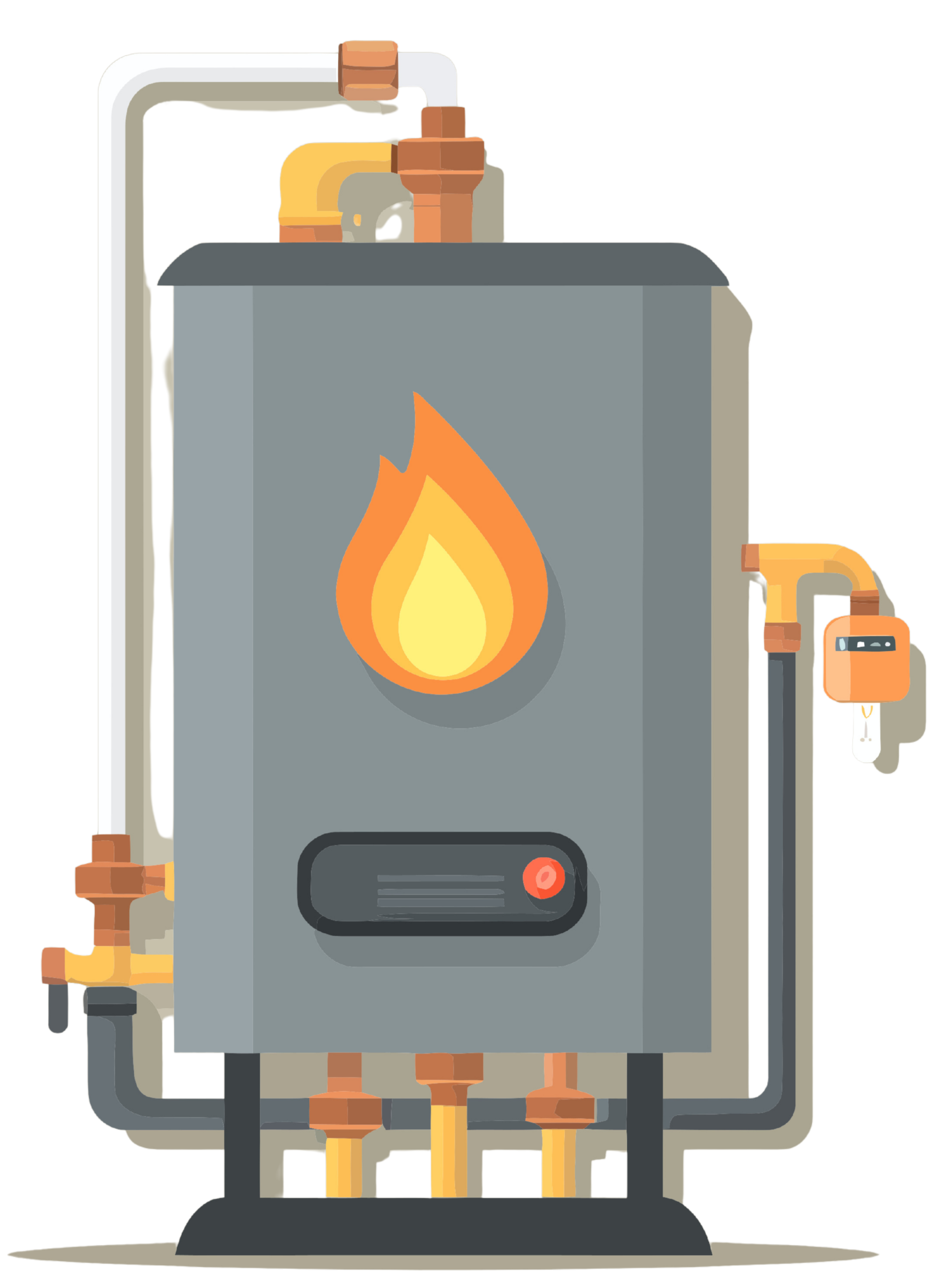 Un chauffe-eau industriel à gaz gris avec une icône de flamme sur le devant, entouré de tuyauterie en cuivre.