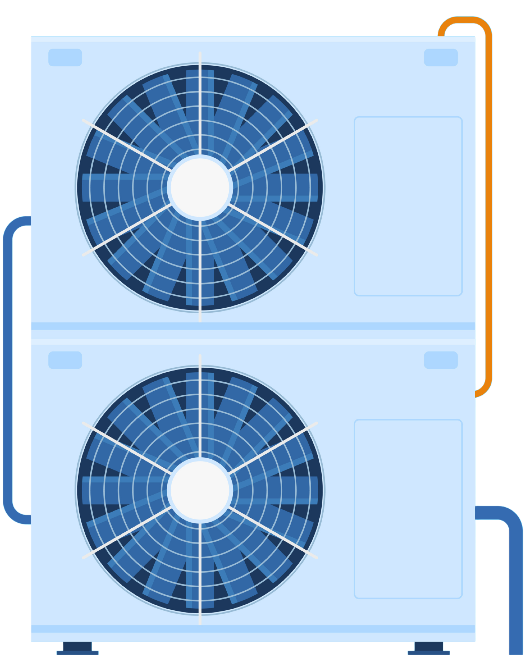 Deux unités de climatisation bleues superposées avec ventilateurs circulaires et raccords de tuyauterie orange/bleu