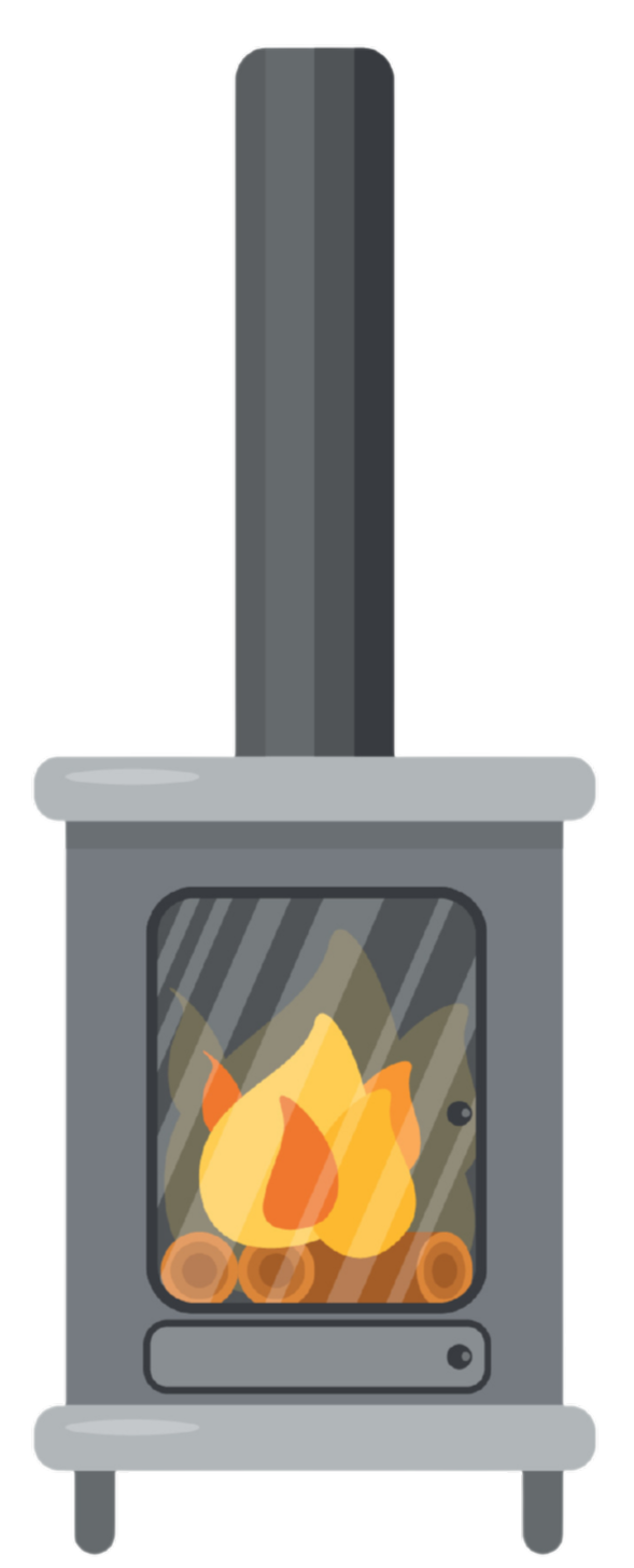 Un poêle à bois gris sur pied, avec un conduit de cheminée et des flammes visibles derrière une porte vitrée.
