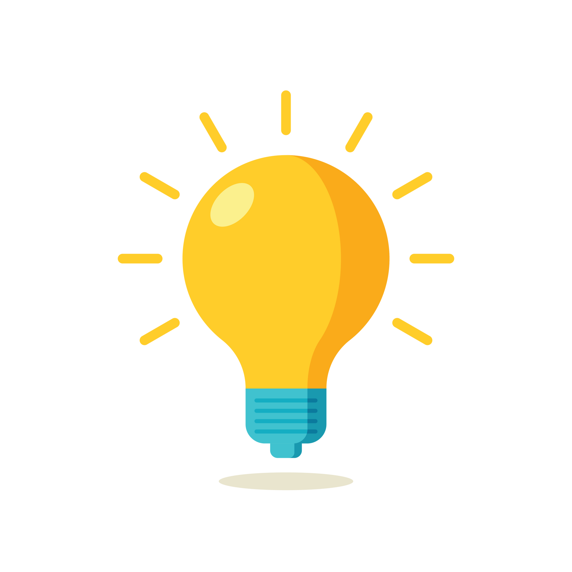 Une ampoule jaune avec une base bleue et des lignes lumineuses rayonnantes, sur fond blanc.