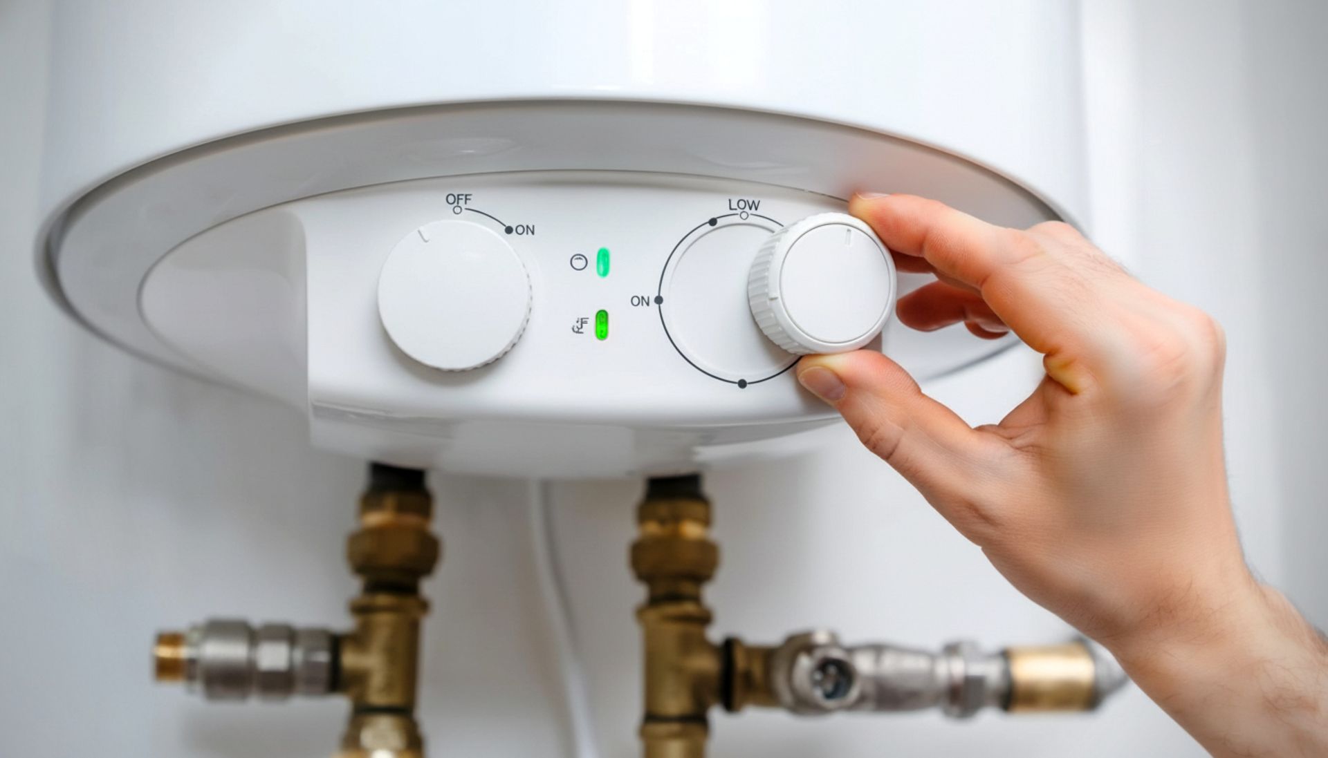 Une main ajuste le bouton de commande d'un chauffe-eau blanc sous un évier, les tuyaux étant visibles.
