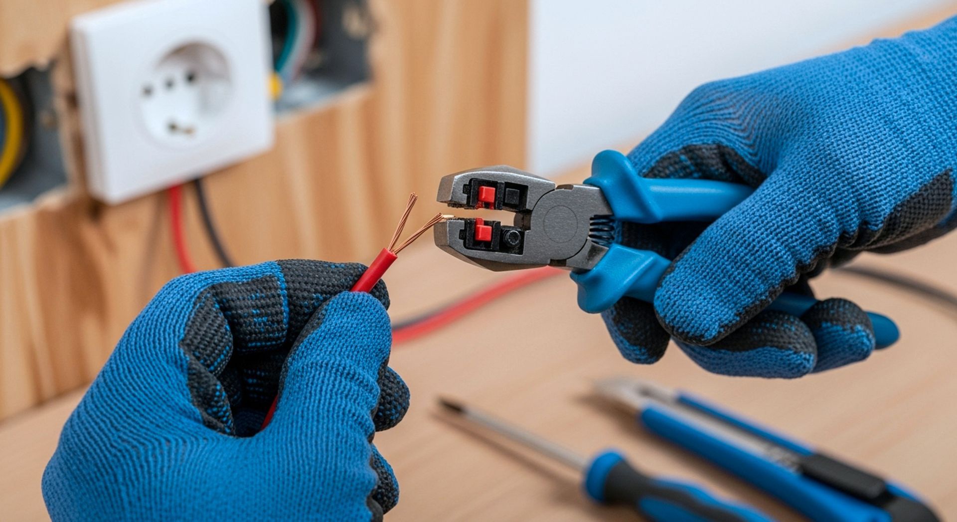 Des mains gantées de gants de travail bleus utilisent une pince à dénuder pour retirer l'isolant d'un fil électrique rouge sur un établi.