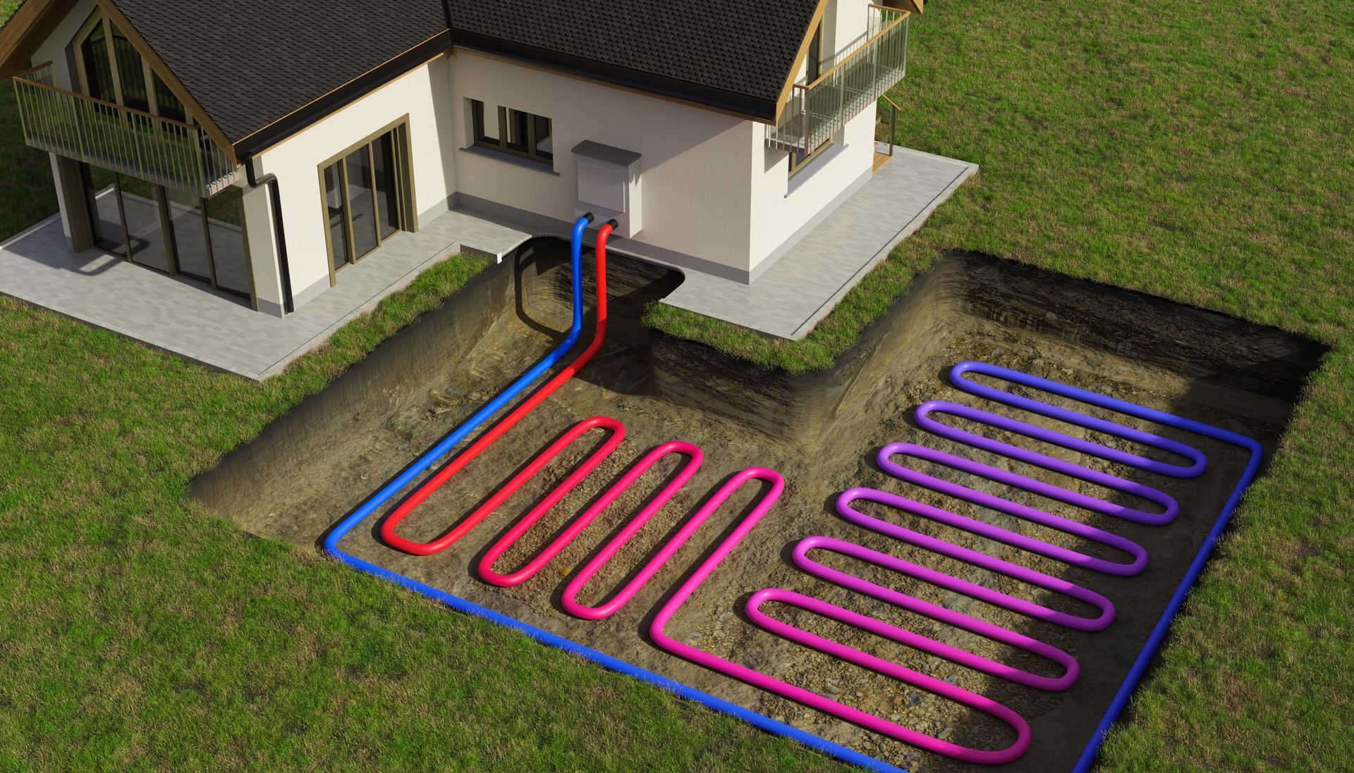 Une maison raccordée à un système de pompe à chaleur géothermique avec des tuyaux bleus et rouges disposés dans une tranchée dans le jardin.