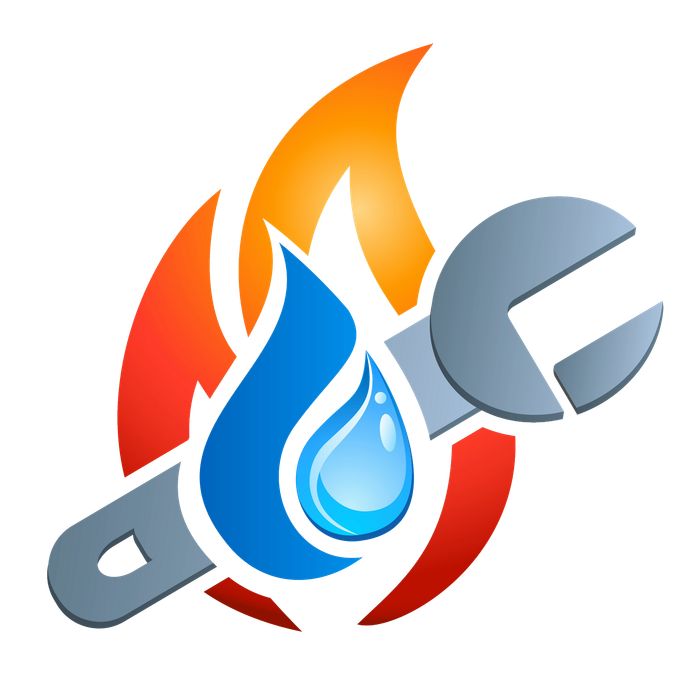 Une flamme rouge et orange et une goutte d'eau et une clé à molette en superposition.