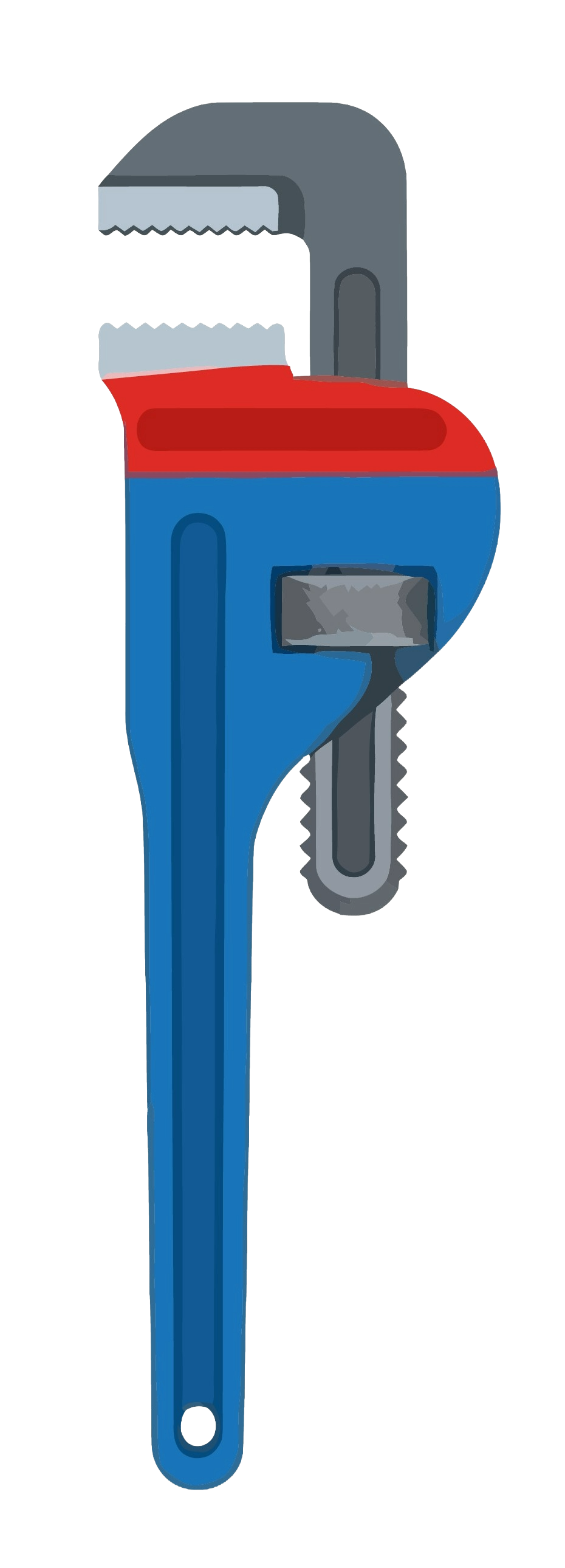 Illustration d'une clé à pipe bleue et grise avec des accents rouges, représentée debout sur fond blanc.
