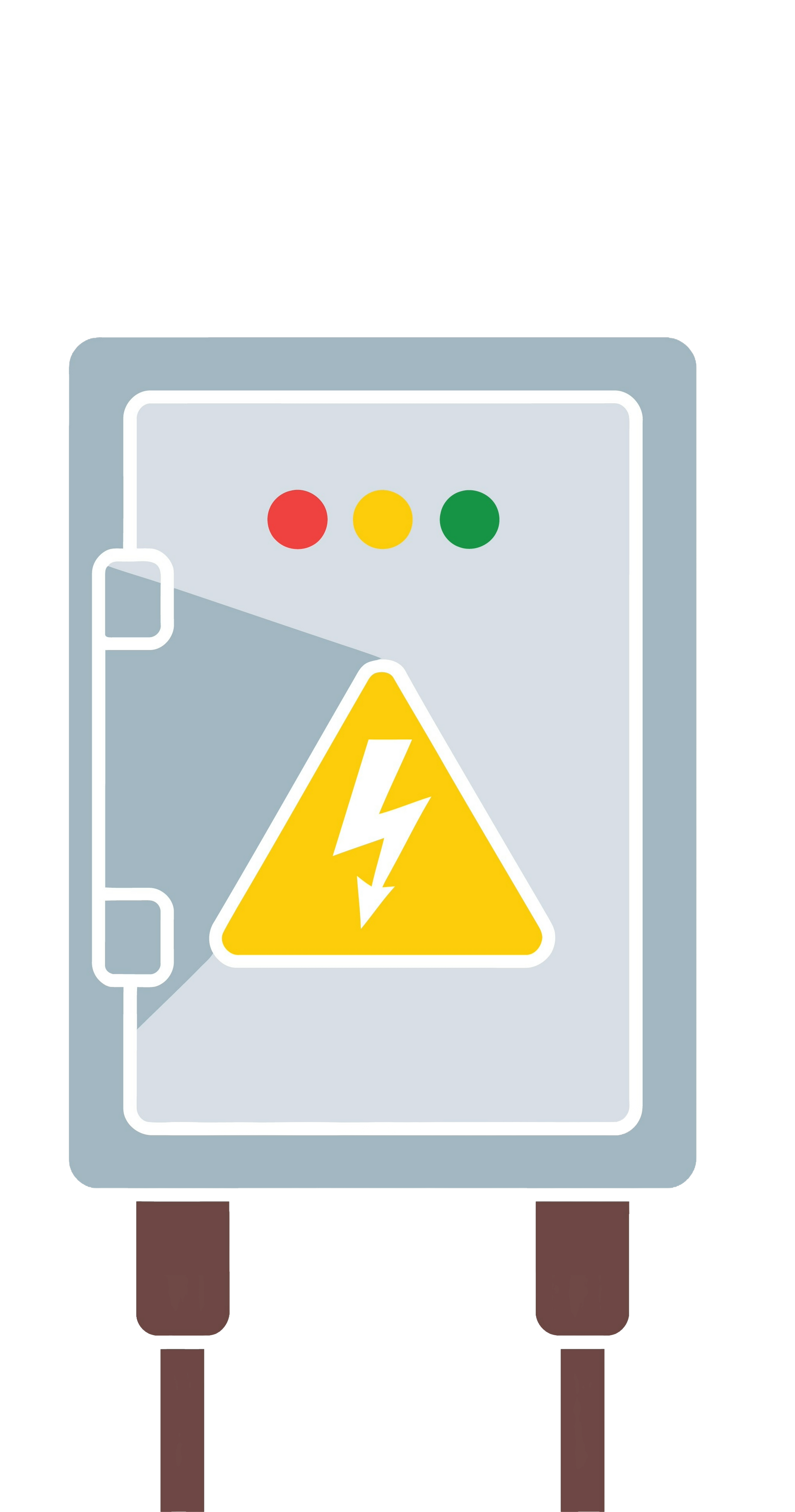 Un boîtier électrique gris avec un triangle jaune de signalisation de danger et trois voyants d'état (rouge, jaune, vert) sur fond blanc.