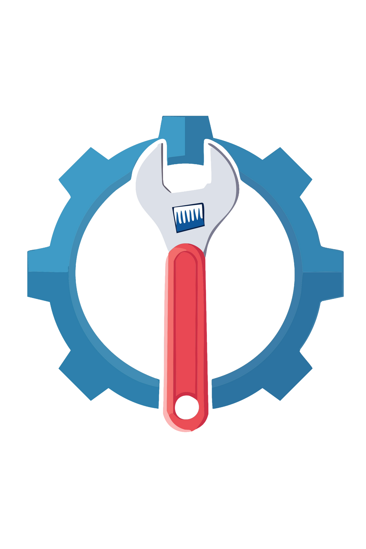 Une roue dentée bleue avec une clé blanche et une poignée rouge à l'intérieur, ressemblant à une icône de réglage ou de réparation