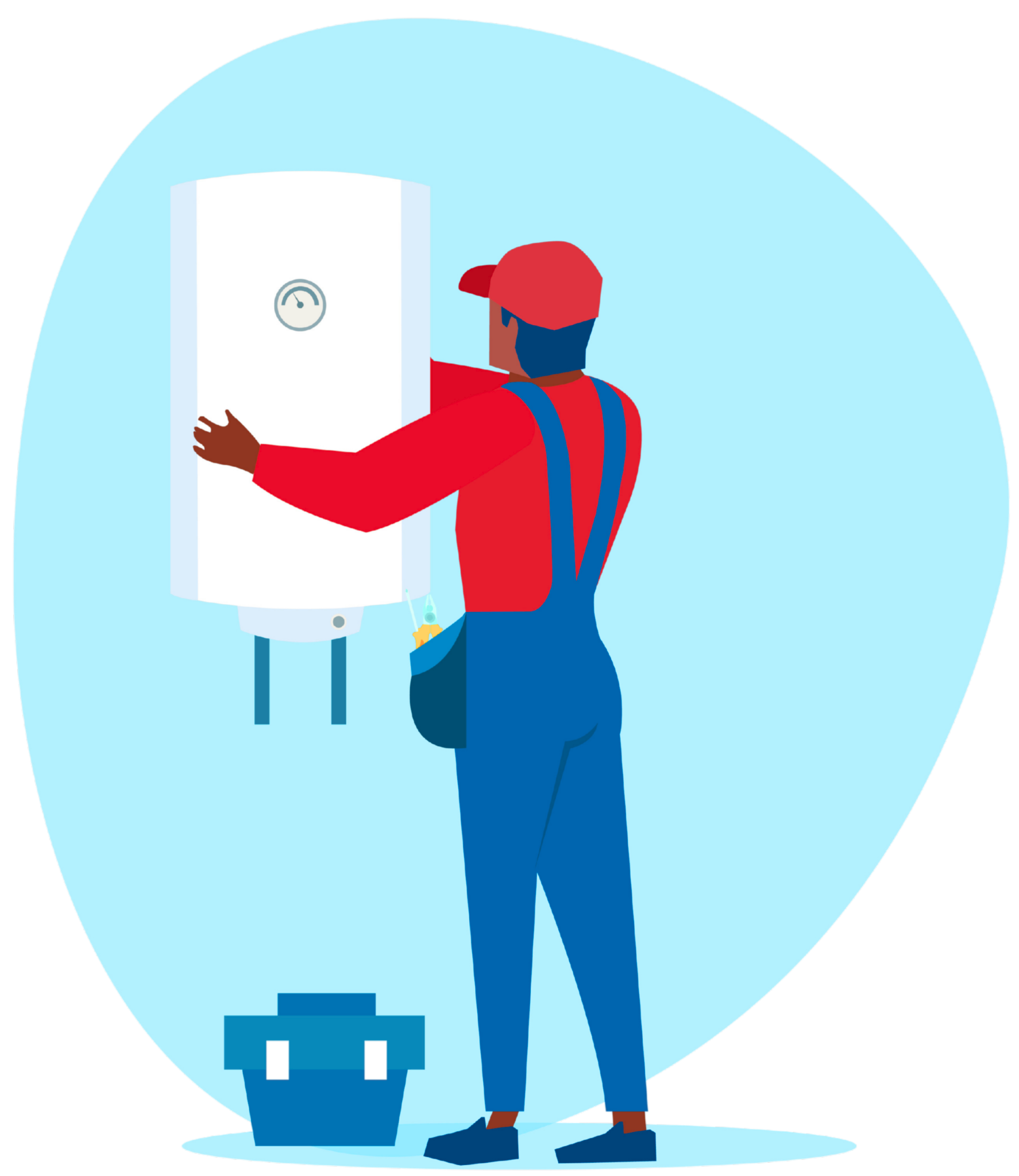 Un technicien en chemise rouge et salopette bleue installe un chauffe-eau blanc sur un mur près d'une boîte à outils.