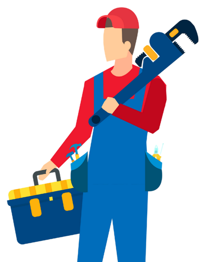 Un ouvrier en chemise rouge et salopette bleue tient une boîte à outils et porte une grande clé à pipe sur l'épaule.