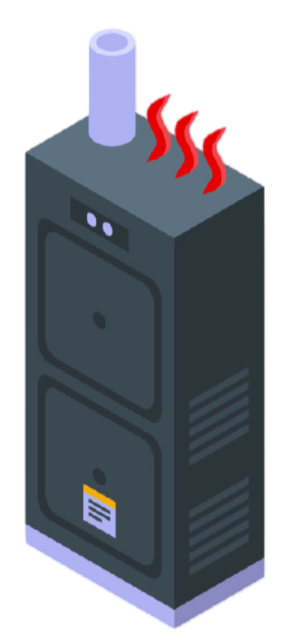 Un fourneau rectangulaire gris foncé avec un conduit de cheminée sur le dessus et des icônes de chaleur rouges indiquant son fonctionnement.