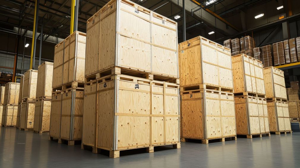 Des caisses d'expédition en bois empilées dans un entrepôt