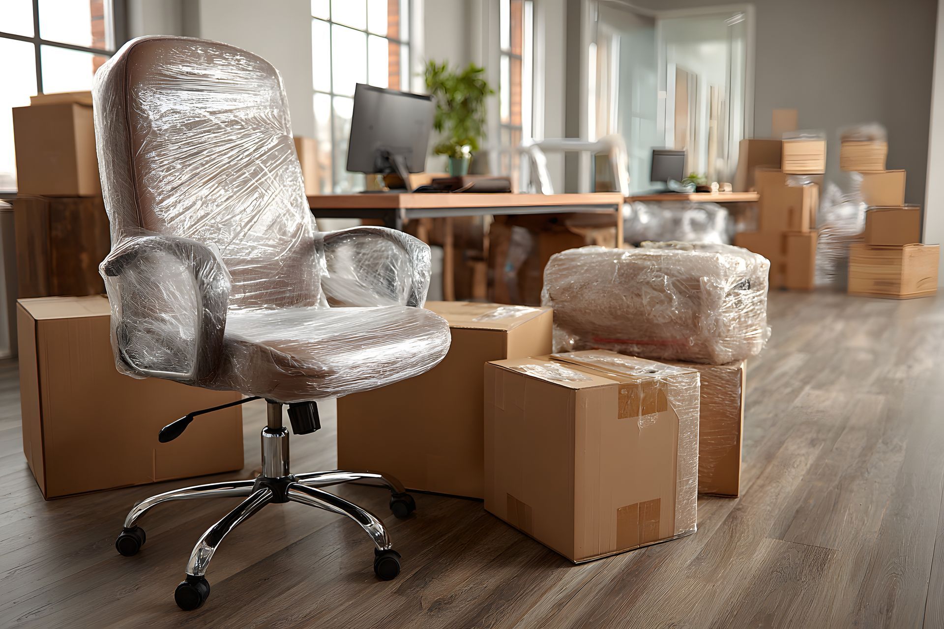 Fauteuil de bureau et repose-pieds emballés dans du papier bulle parmi des cartons de déménagement dans une pièce lumineuse