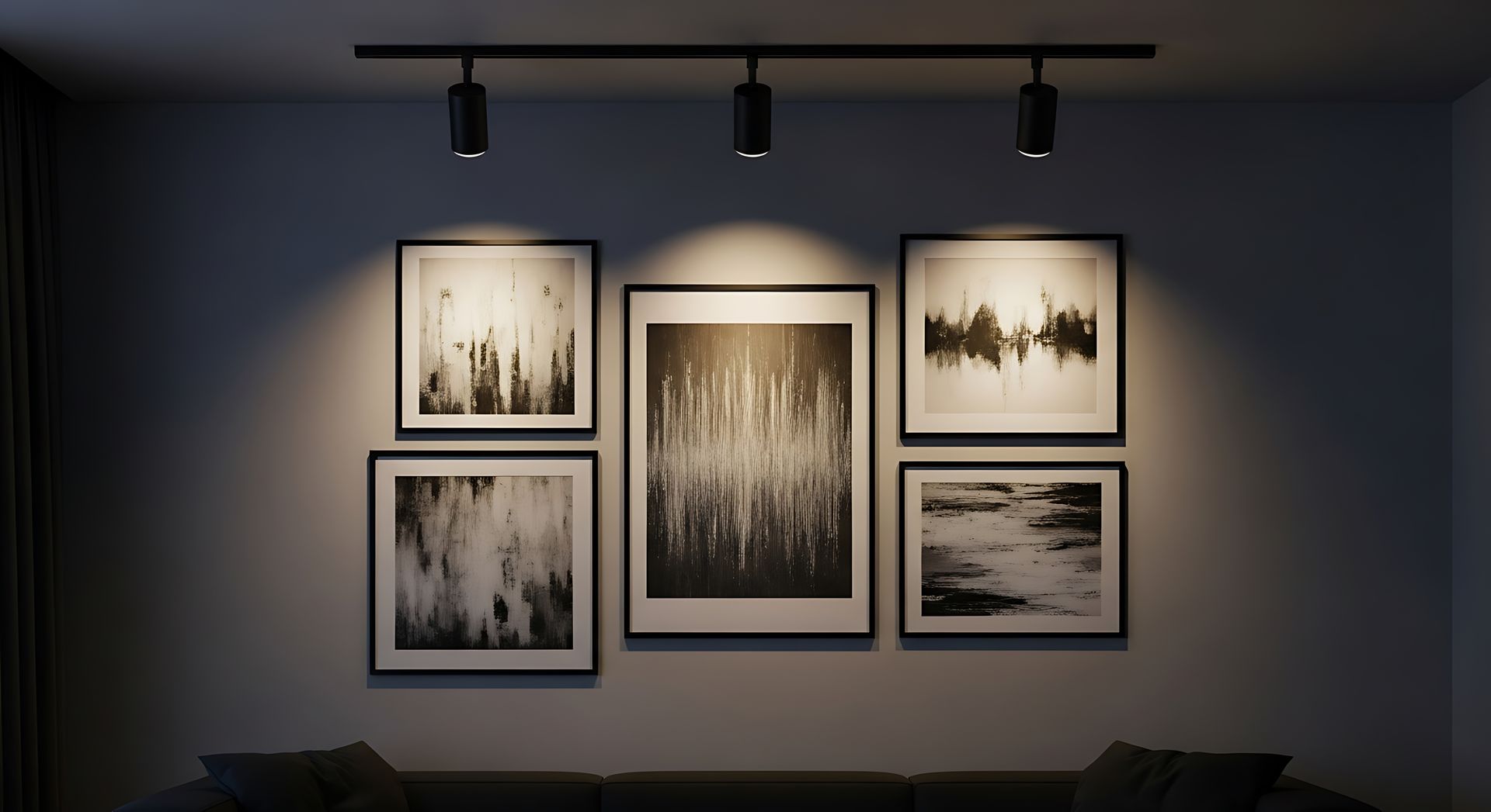 Six œuvres abstraites de paysages en noir et blanc, encadrées, sont accrochées au mur sous trois projecteurs.