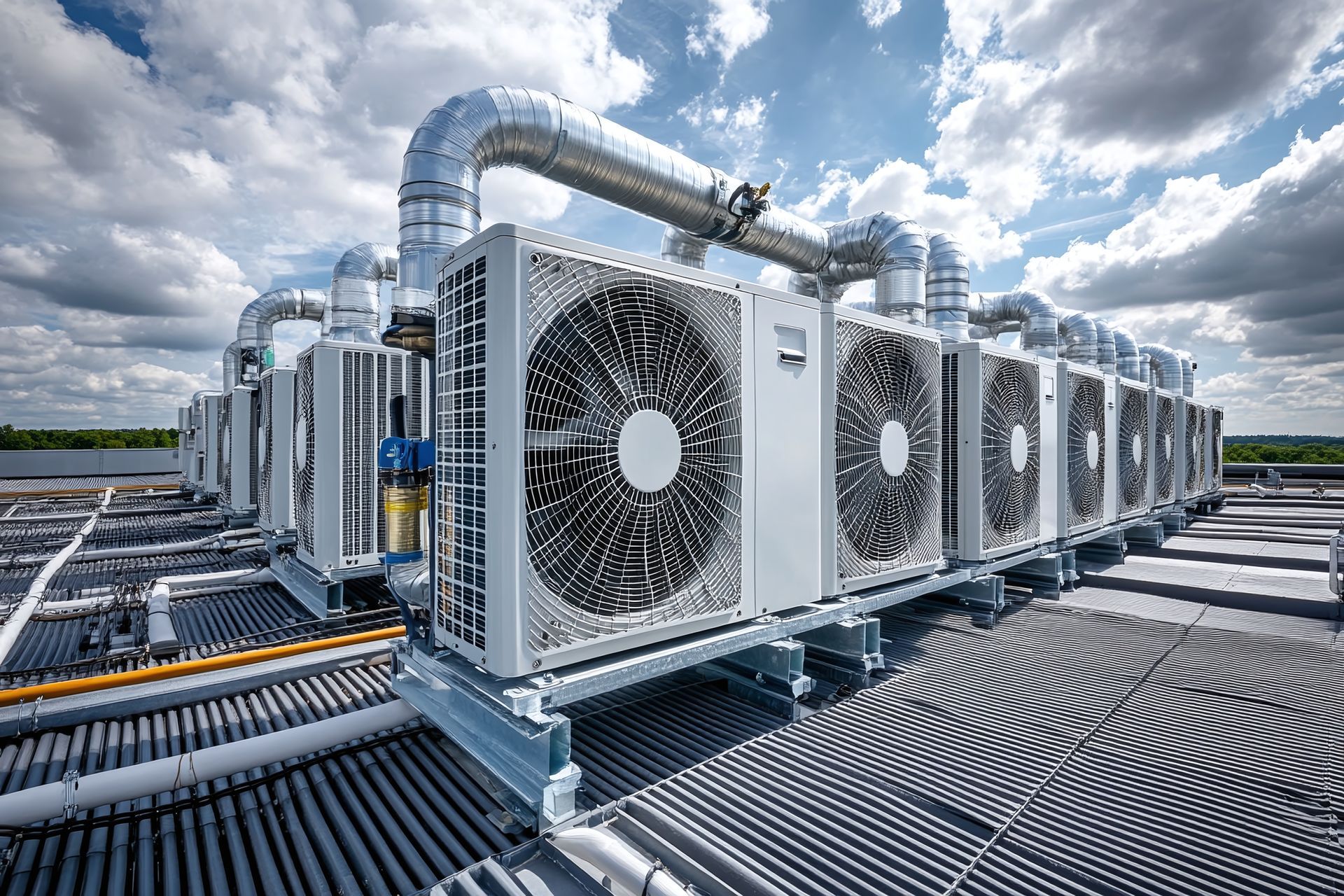 Unités et conduits de climatisation industriels sur les toits sous un ciel nuageux