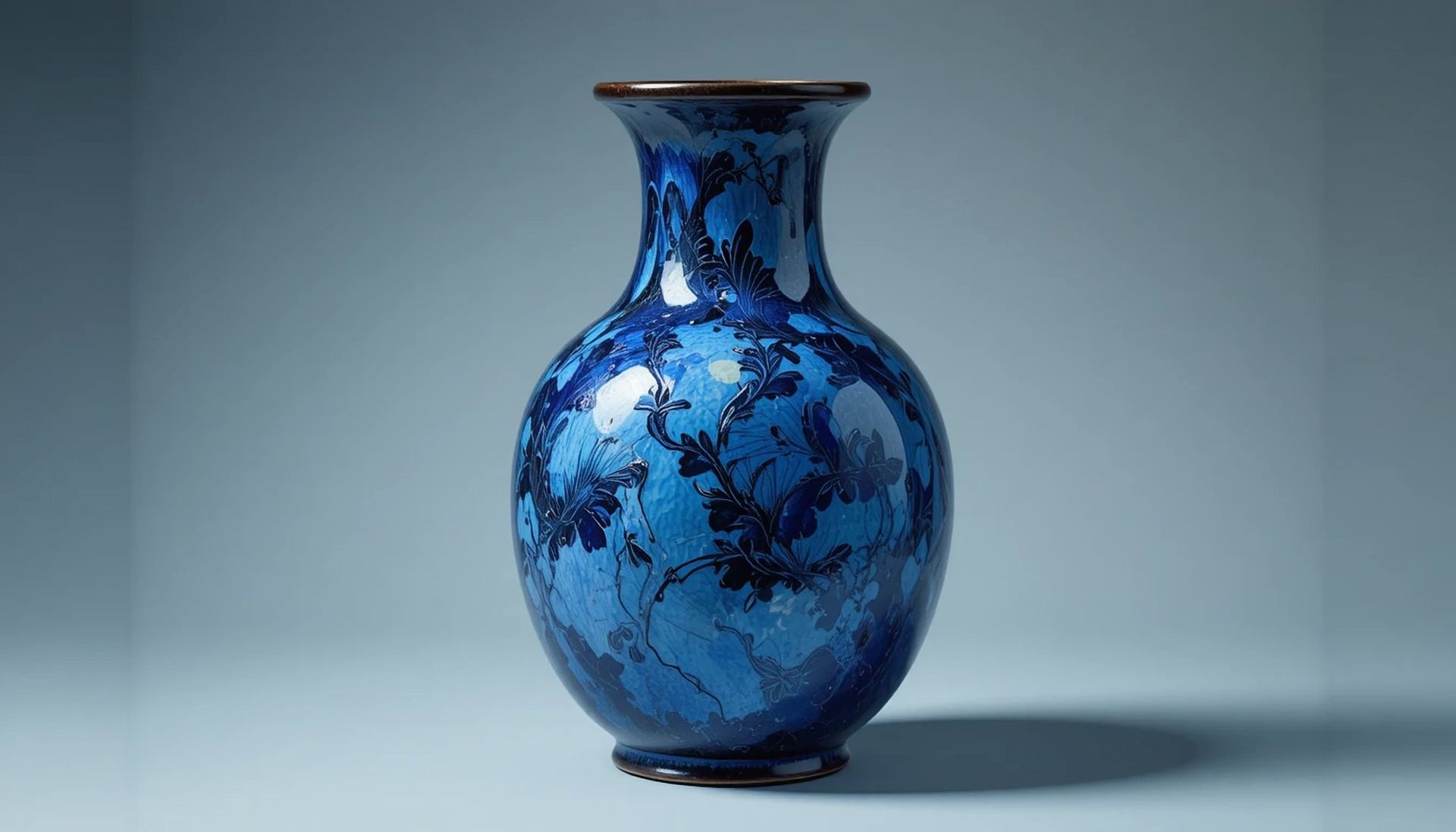 Vase en céramique bleue à glaçure foncée mouchetée sur une surface gris clair