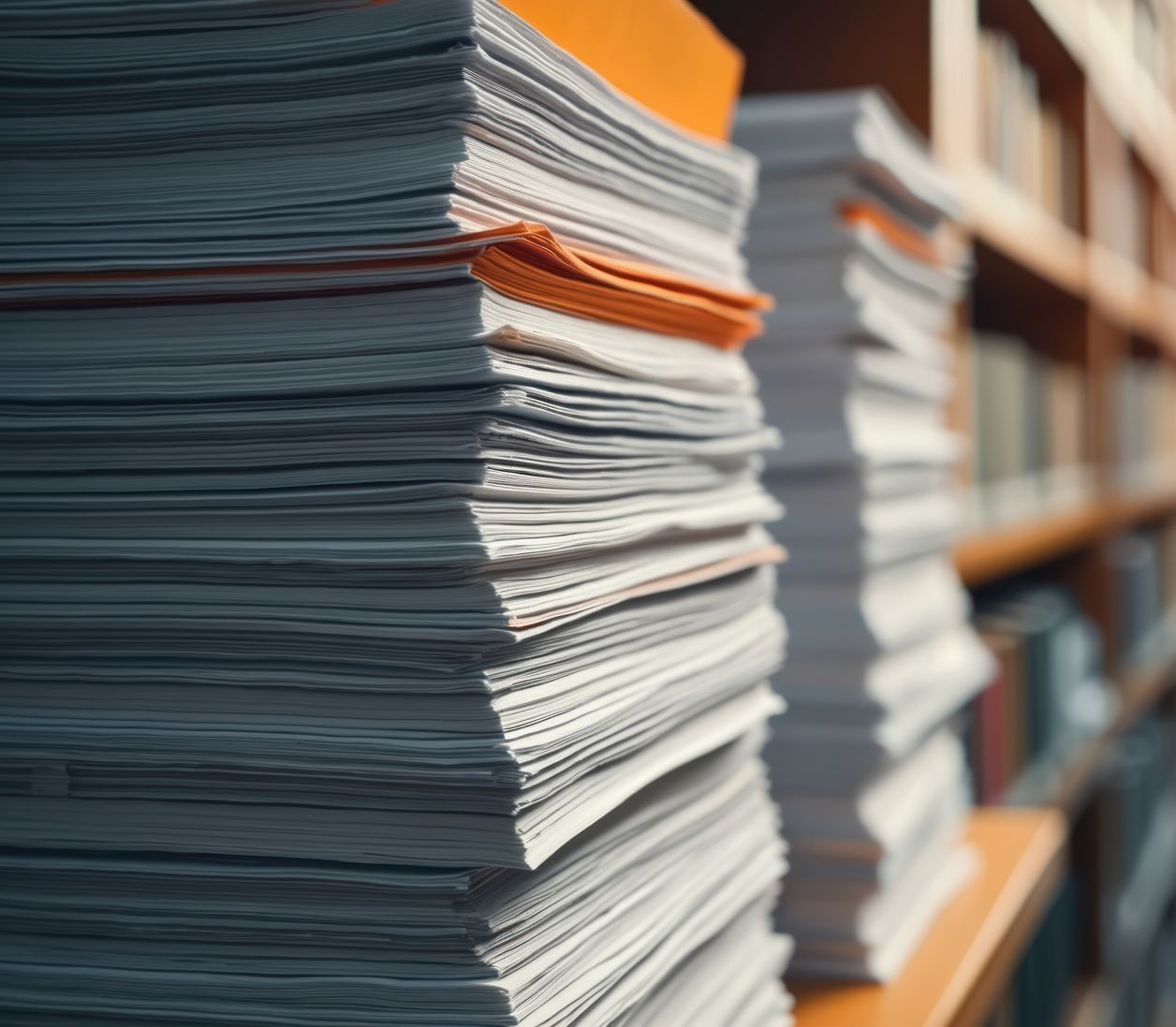 Des piles de documents papier sur des étagères de bureau, avec des feuilles bleues et oranges visibles